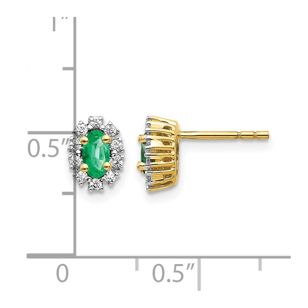 14k 5x3mm Oval Emerald and Diamond Halo Post Earrings