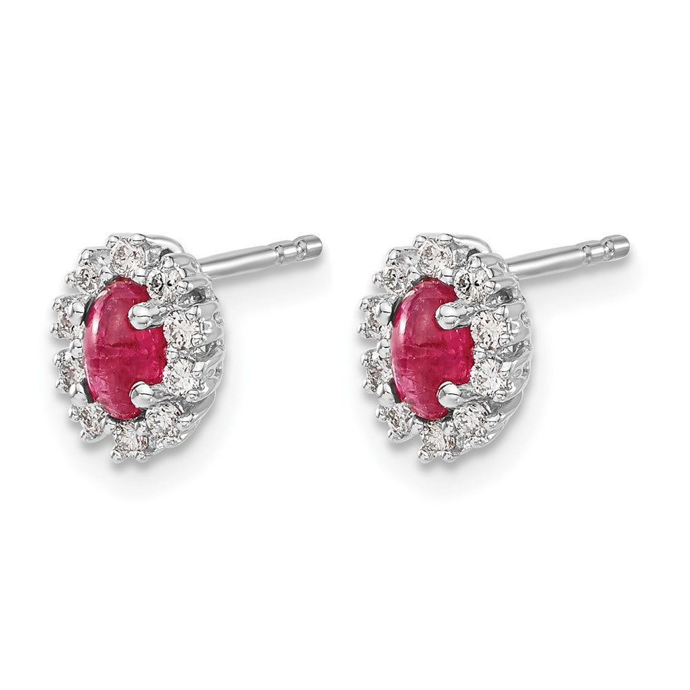 14k White Gold 5x3mm Oval Ruby and Diamond Halo Post Earrings