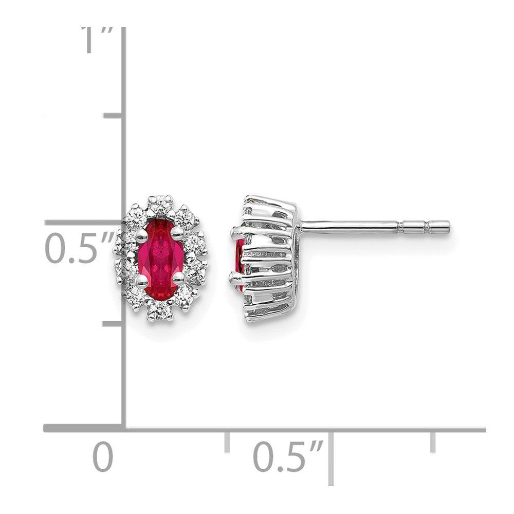14k White Gold 1/5 carat Lab Grown Diamond VS/SI+ G+ and Oval Created Ruby Complete Halo Post Earrings