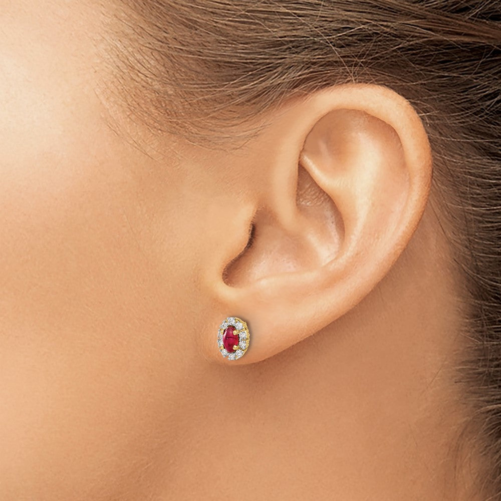 14k 5x3mm Oval Ruby and Diamond Halo Post Earrings