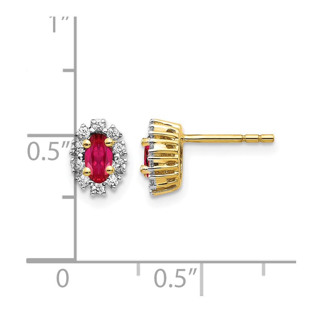 14k 1/5 carat Lab Grown Diamond VS/SI+ G+ and Oval Created Ruby Complete Halo Post Earrings