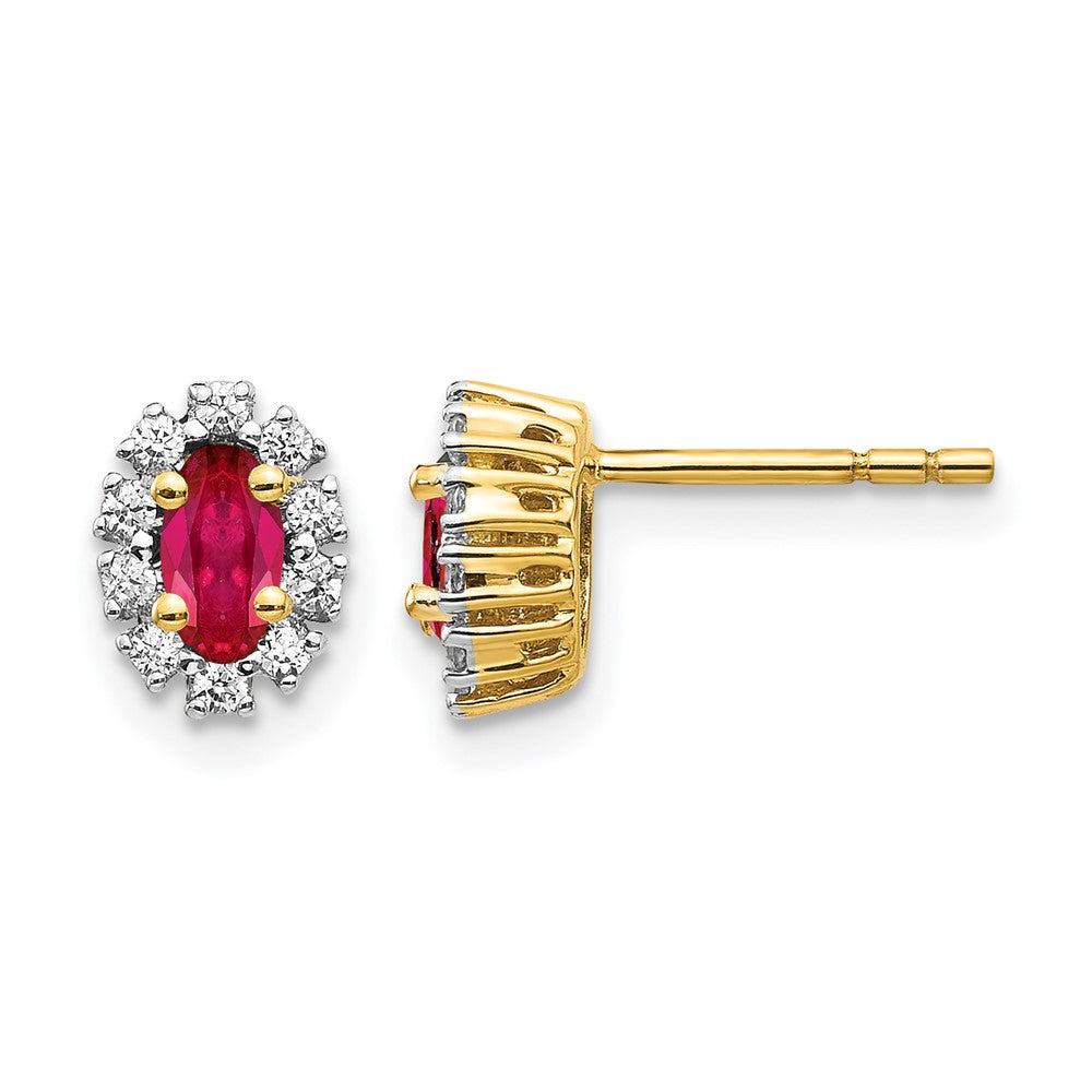 14k 5x3mm Oval Ruby and Diamond Halo Post Earrings