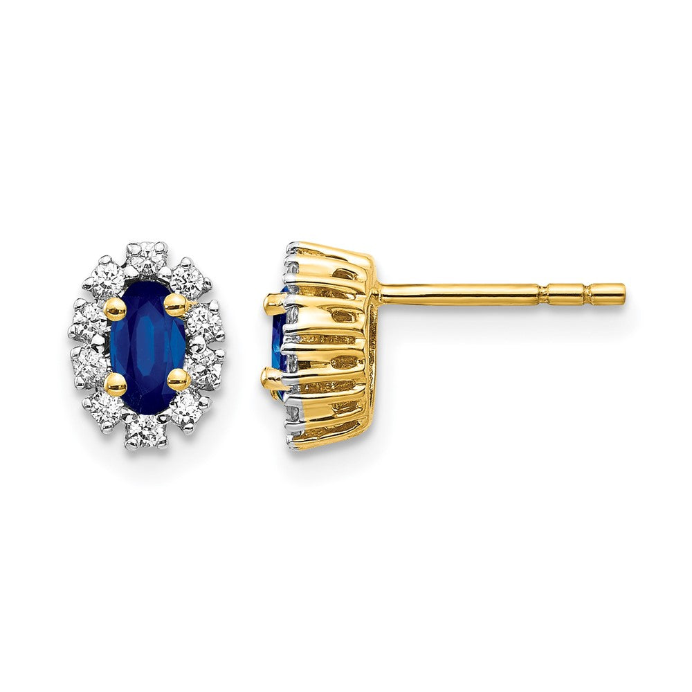 14k 5x3mm Oval Sapphire and Diamond Halo Post Earrings