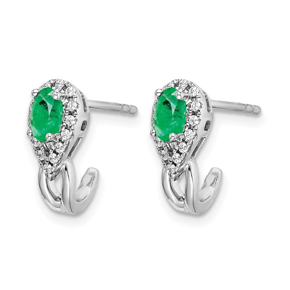 14k White Gold 5x3mm Oval Emerald and Diamond J-Hoop Post Earrings