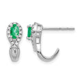 14k White Gold 5x3mm Oval Emerald and Diamond J-Hoop Post Earrings
