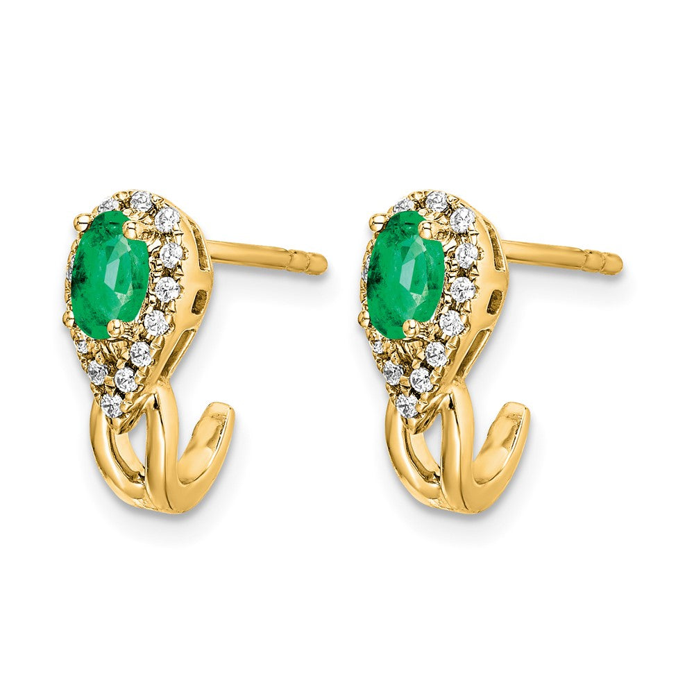 14k 5x3mm Oval Emerald and Diamond J-Hoop Post Earrings