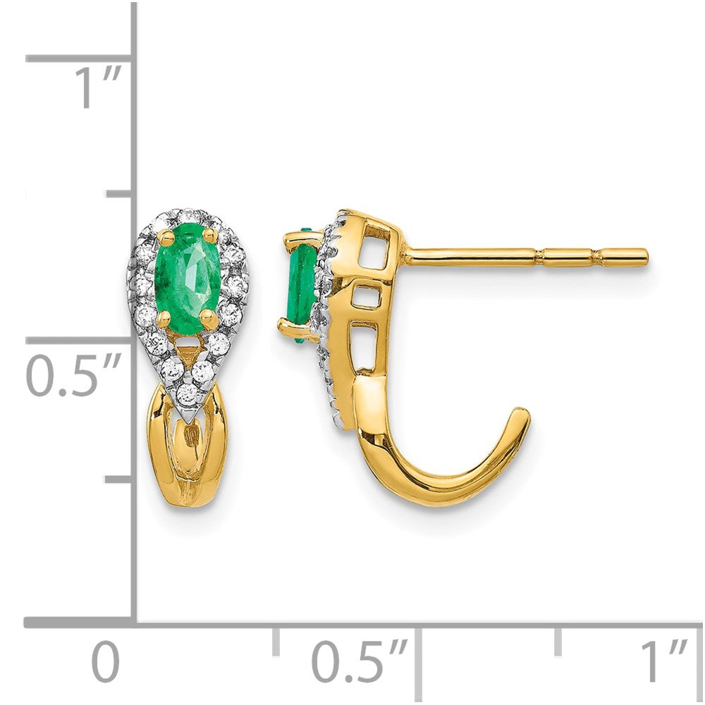 14k 5x3mm Oval Emerald and Diamond J-Hoop Post Earrings