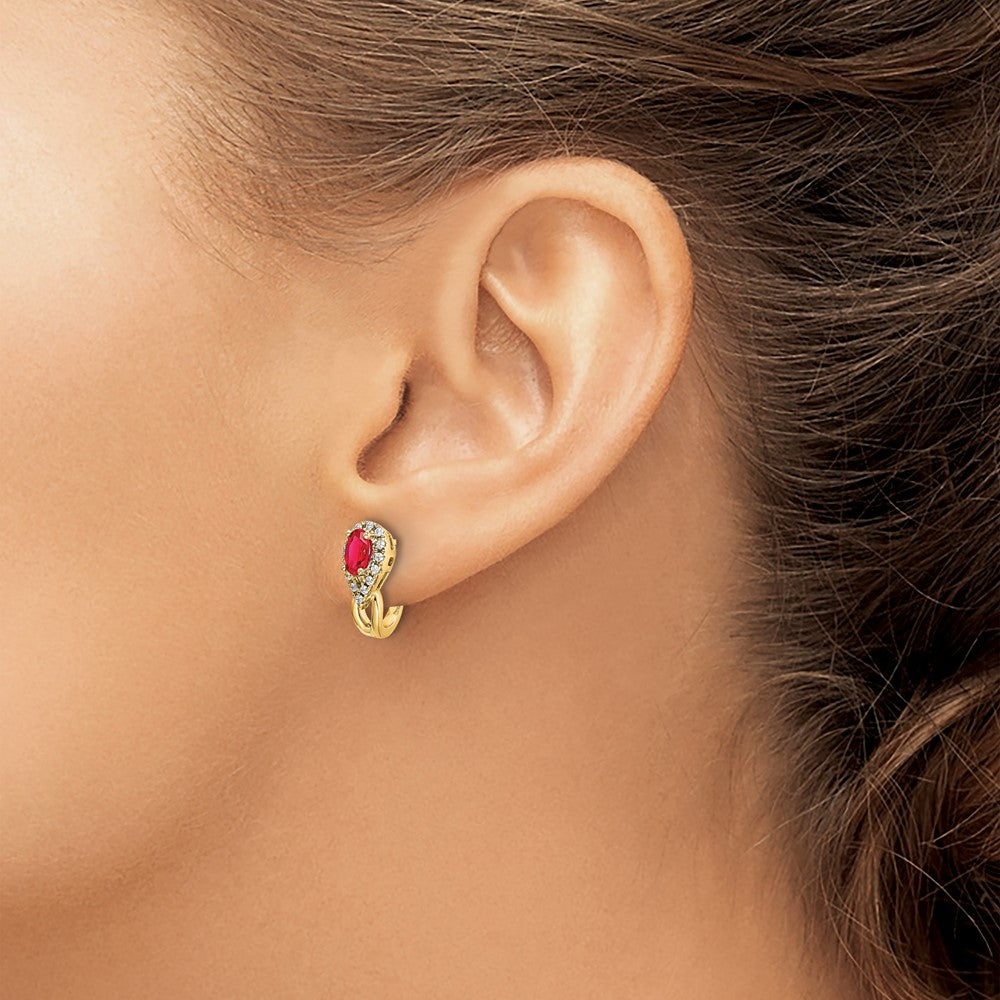 14k 5x3mm Oval Ruby and Diamond J-Hoop Post Earrings