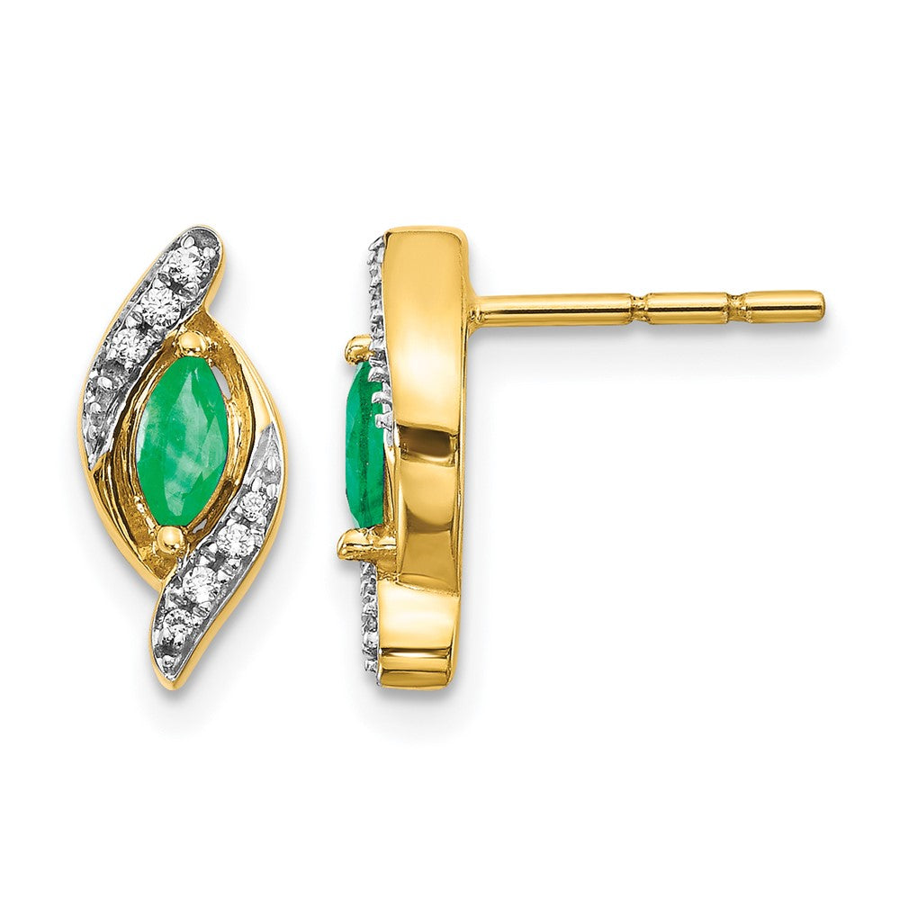 14k 5x2.5mm Marquise Emerald and Diamond Post Earrings