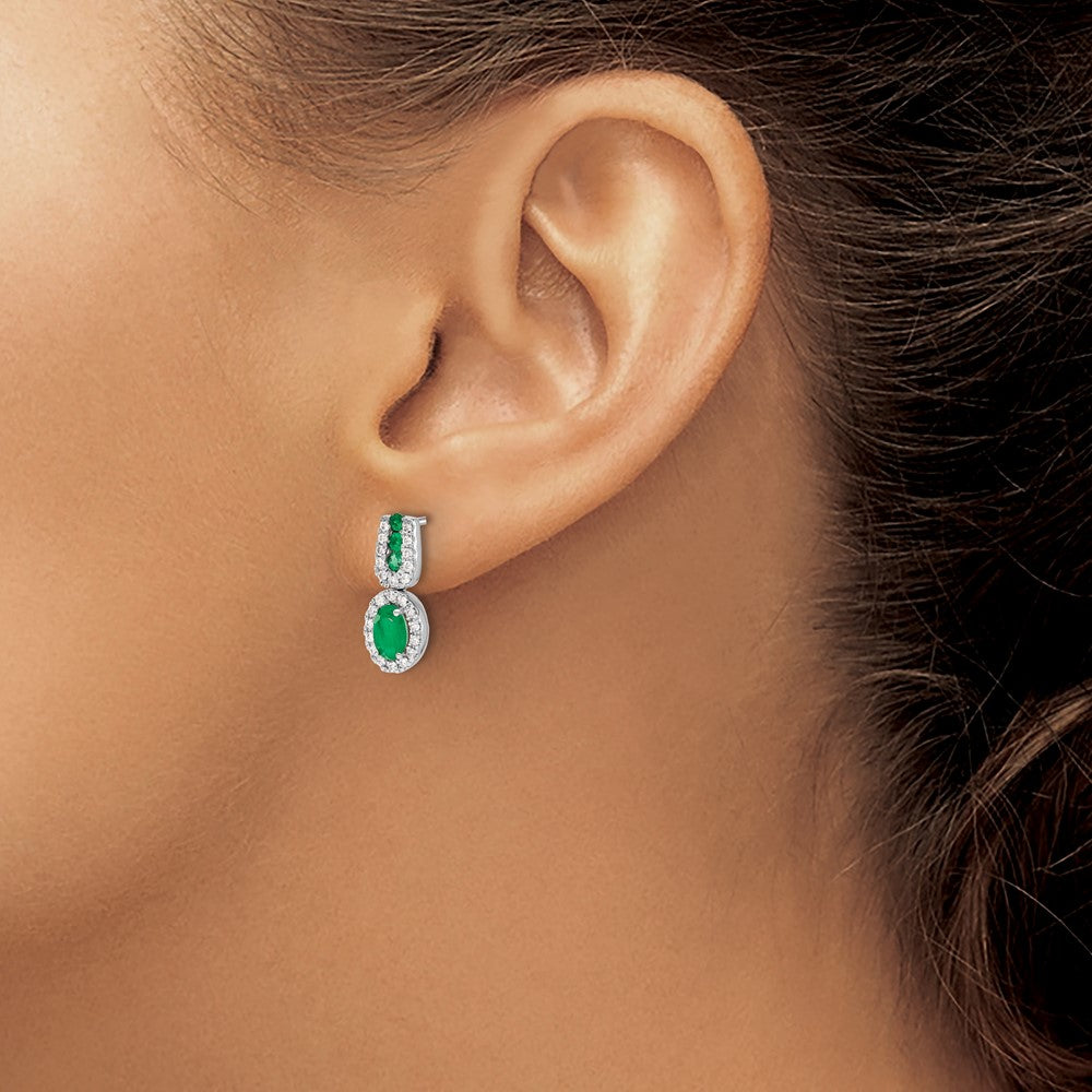 14k White Gold 6x4mm Oval Emerald and Diamond Halo Post Earrings