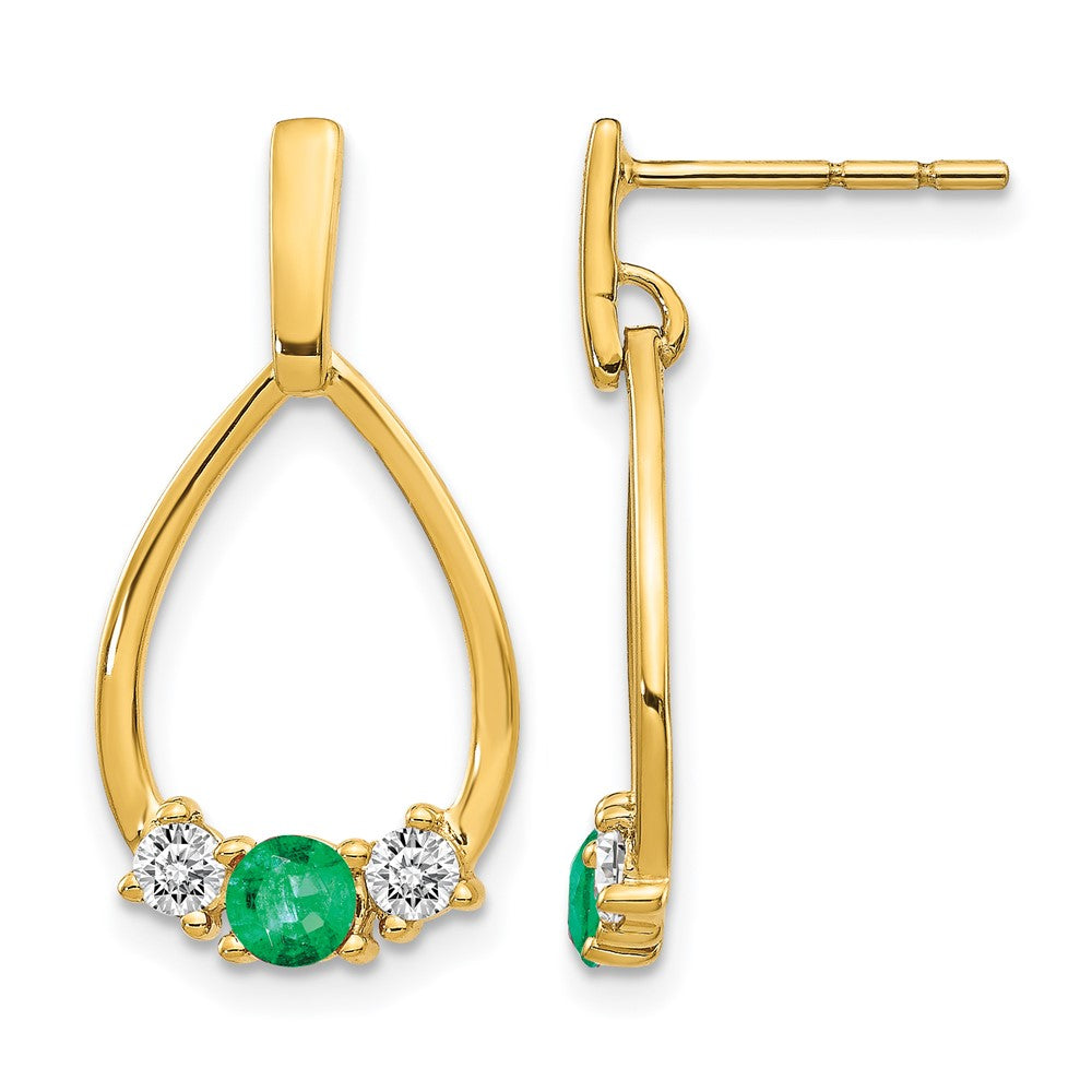 14k Emerald and White Sapphire Teardrop Post Dangle Earrings