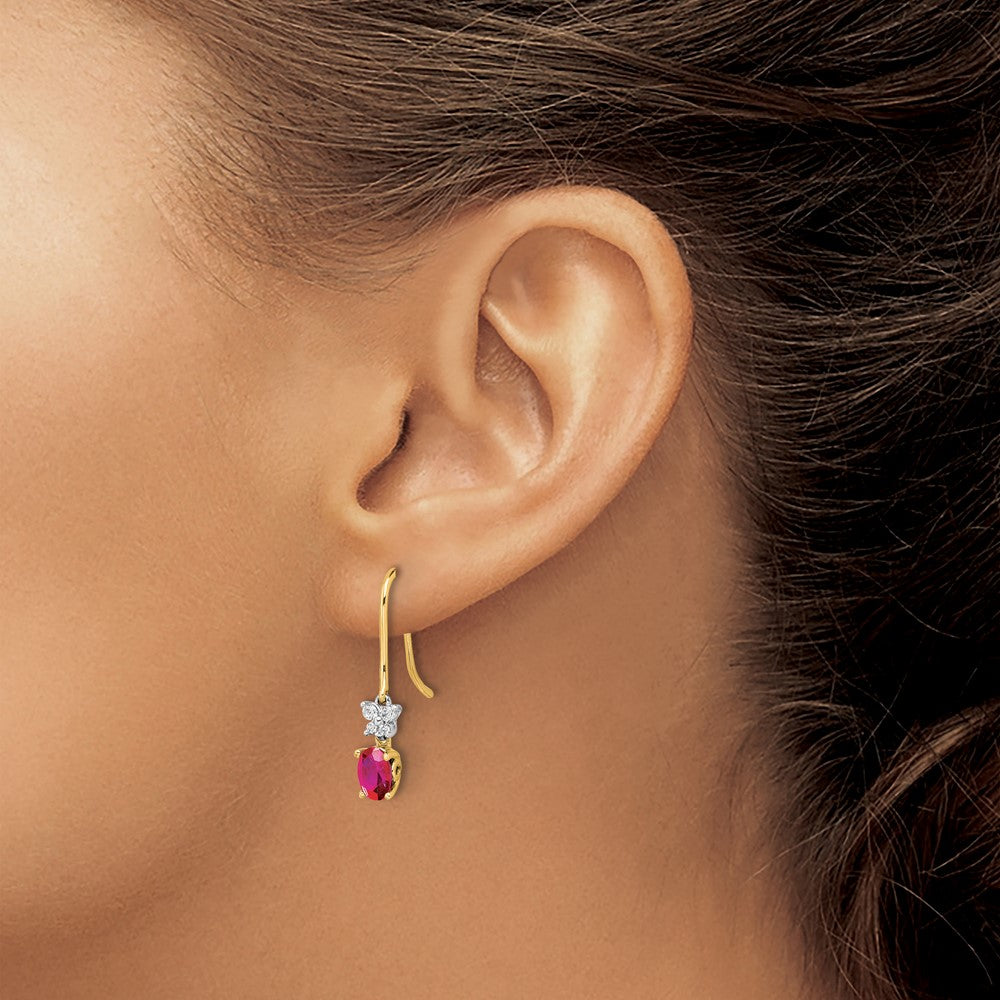 14k Two-Tone 6x4mm Oval Ruby and Diamond Shepherd Hook Earrings
