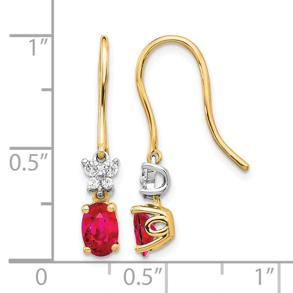 14k Two-Tone 6x4mm Oval Ruby and Diamond Shepherd Hook Earrings