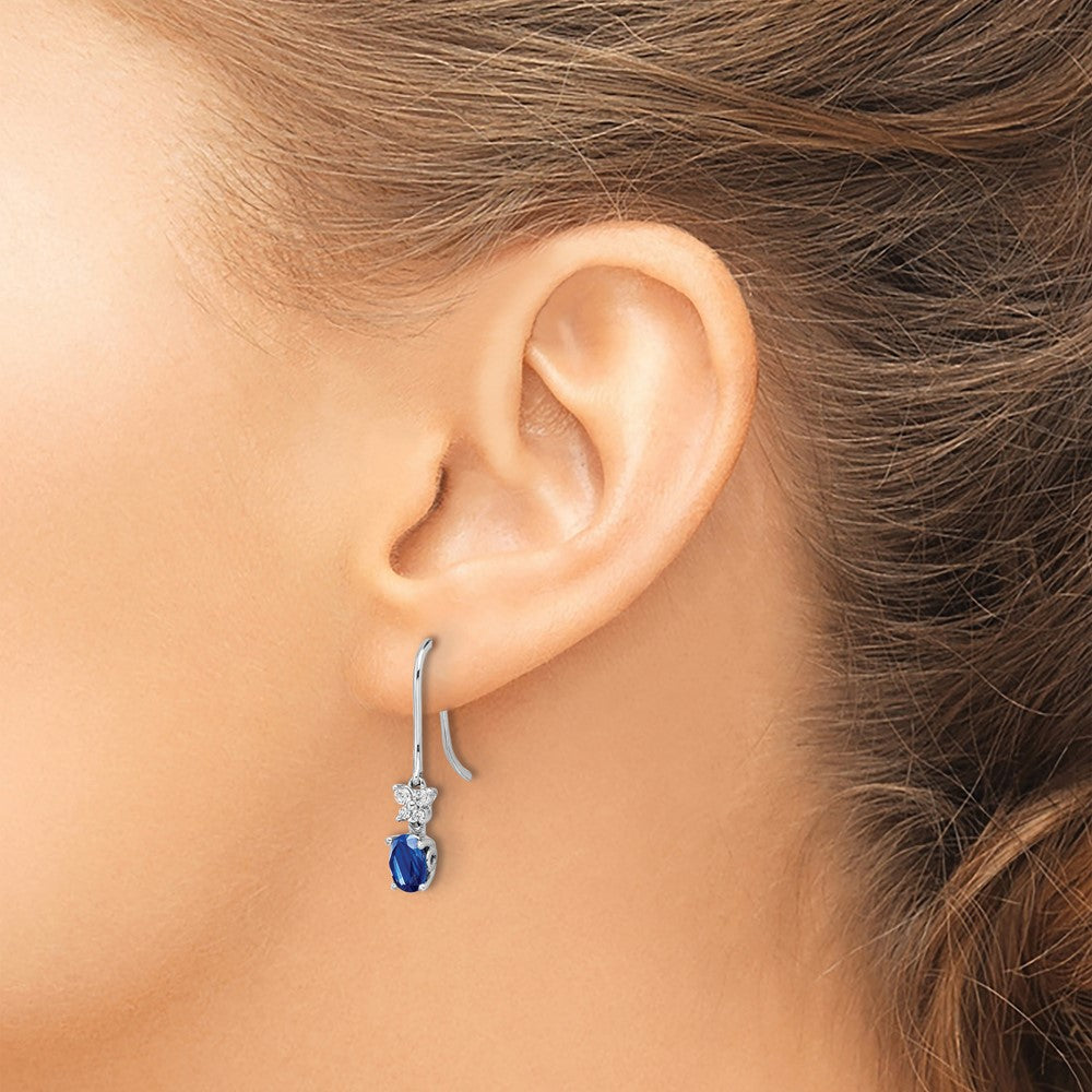14k White Gold 6x4mm Oval Sapphire and Diamond Shepherd Hook Earrings