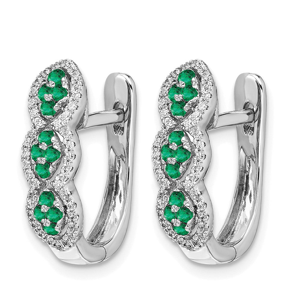14k White Gold Emerald Cluster and Diamond Hinged Hoop Earrings