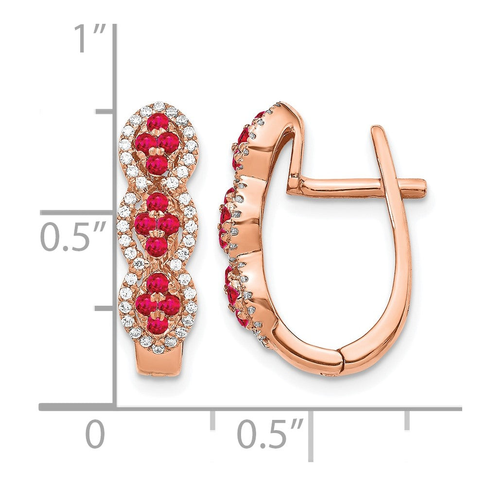 14k White Gold Ruby Cluster and Diamond Hinged Hoop Earrings