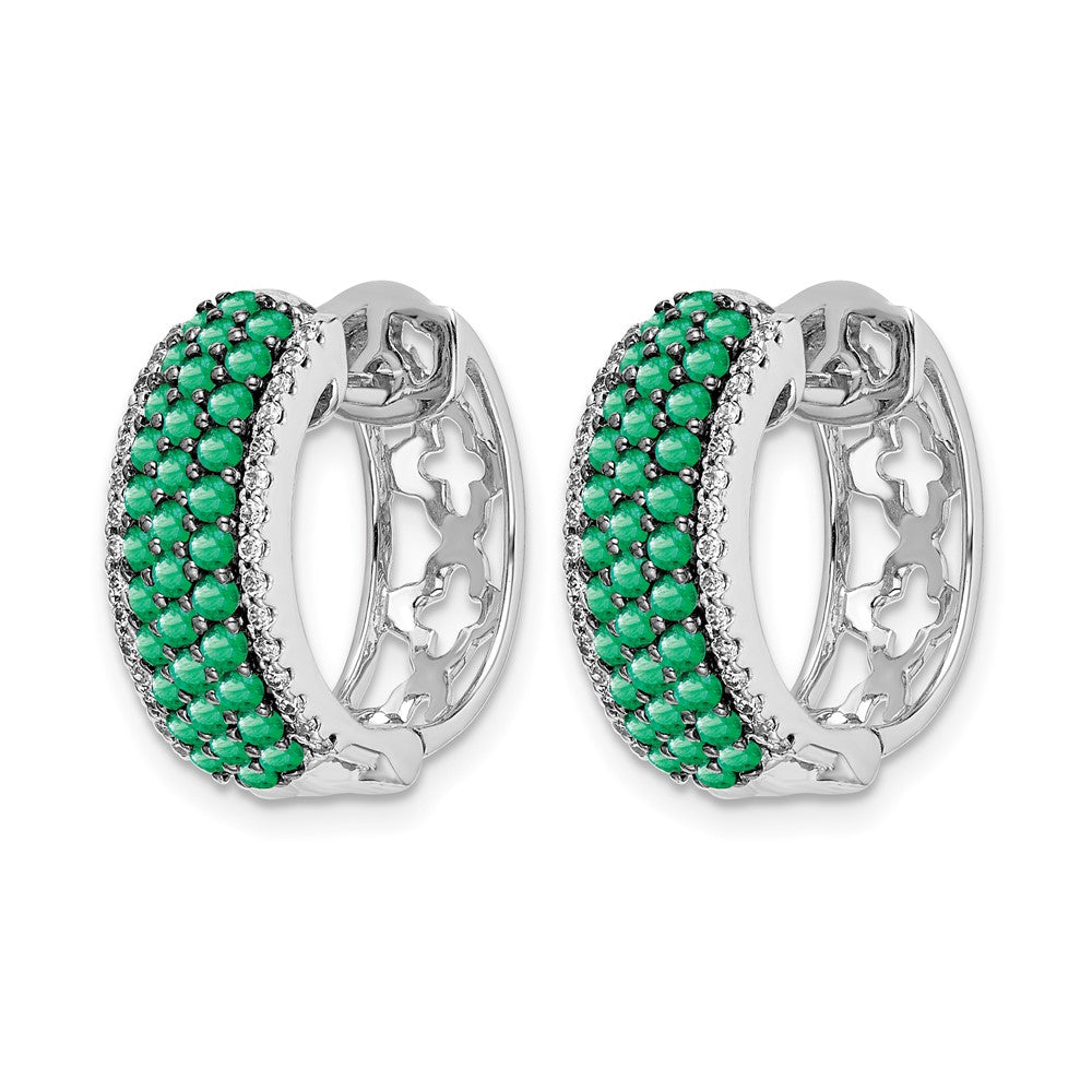 14k White Gold Diamond and Emerald 18mm Hinged Hoop Earrings