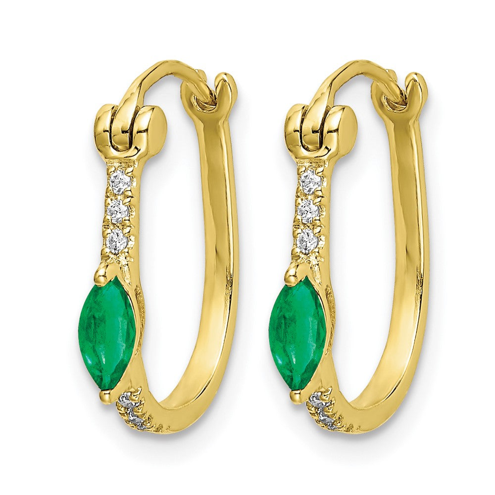 14k 1/20 carat Diamond and 5x2.5mm Marquise Emerald Oval Hoop Earrings