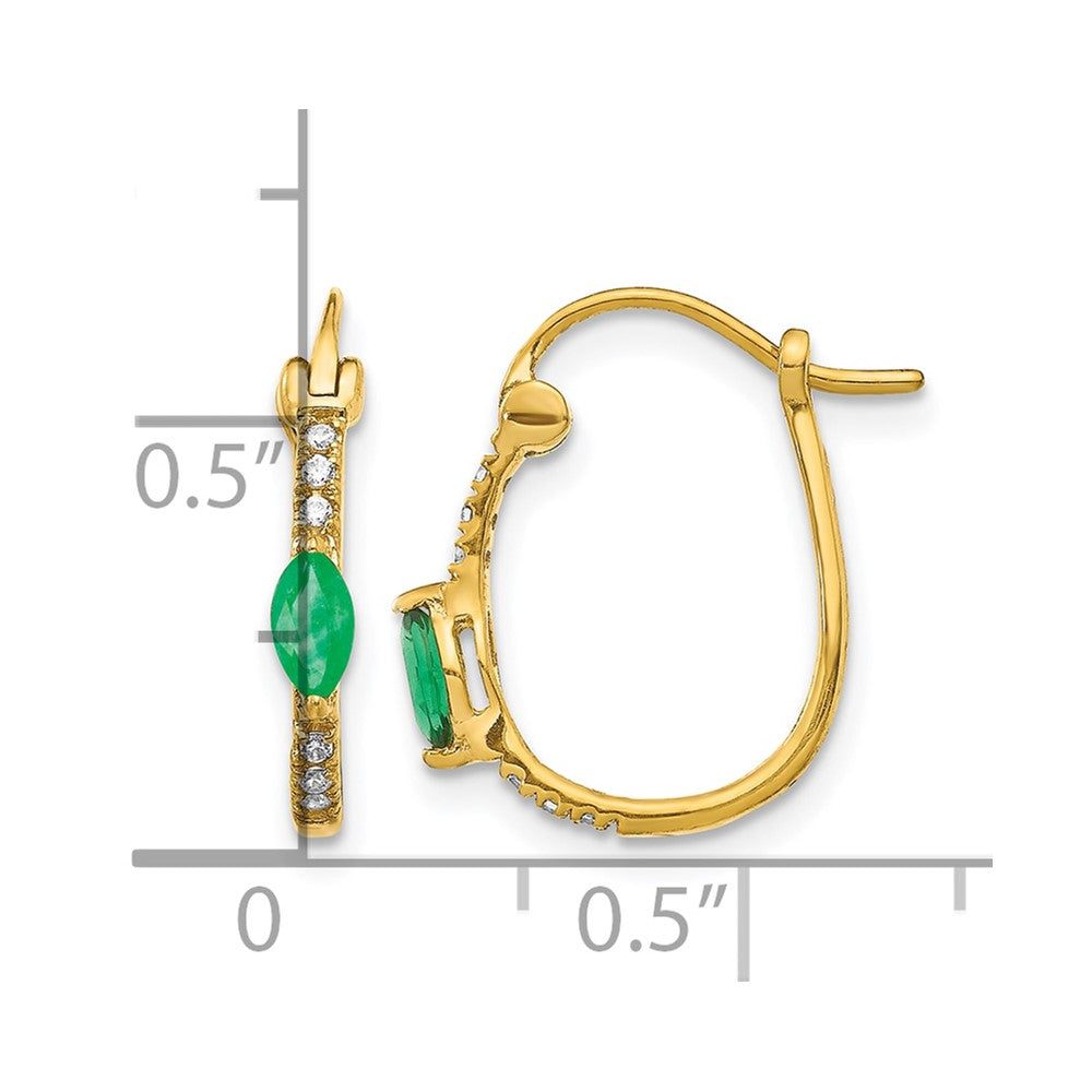 14k 1/20 carat Diamond and 5x2.5mm Marquise Emerald Oval Hoop Earrings