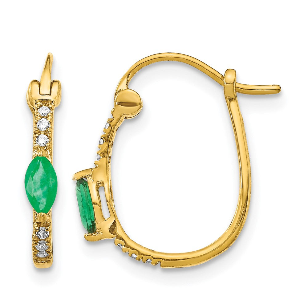 14k 1/20 carat Diamond and 5x2.5mm Marquise Emerald Oval Hoop Earrings