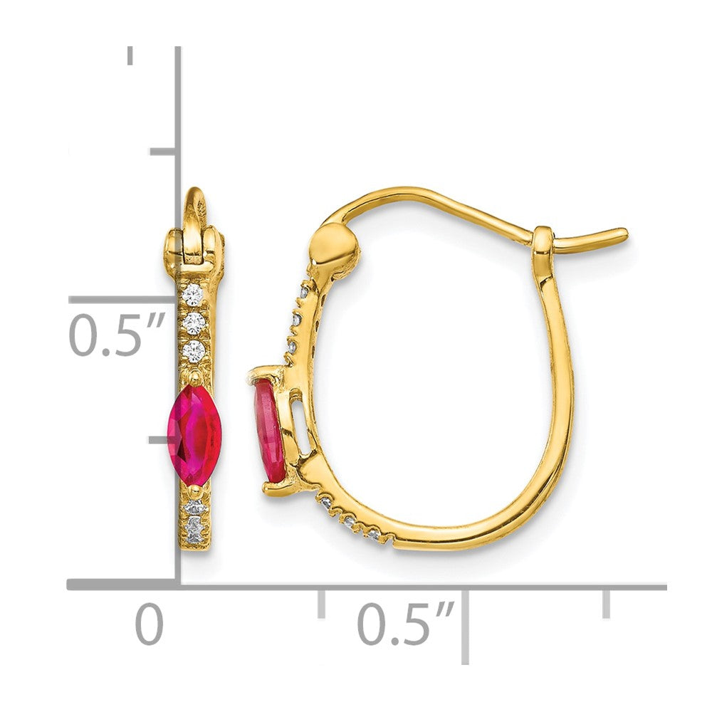 14k 1/20 carat Diamond and 5x2.5mm Marquise Ruby Oval Hoop Earrings