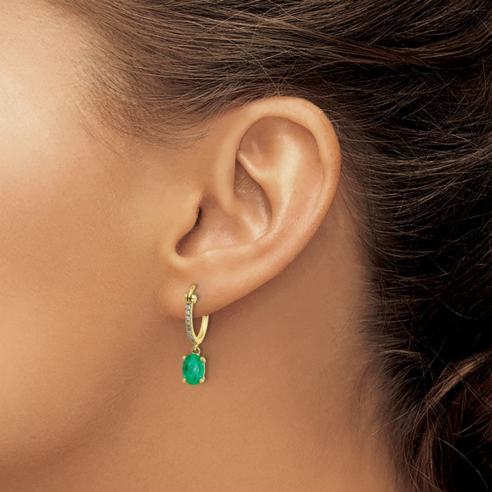 14k 1/10 carat Diamond and 7x5mm Oval Emerald Dangle Hoop Earrings