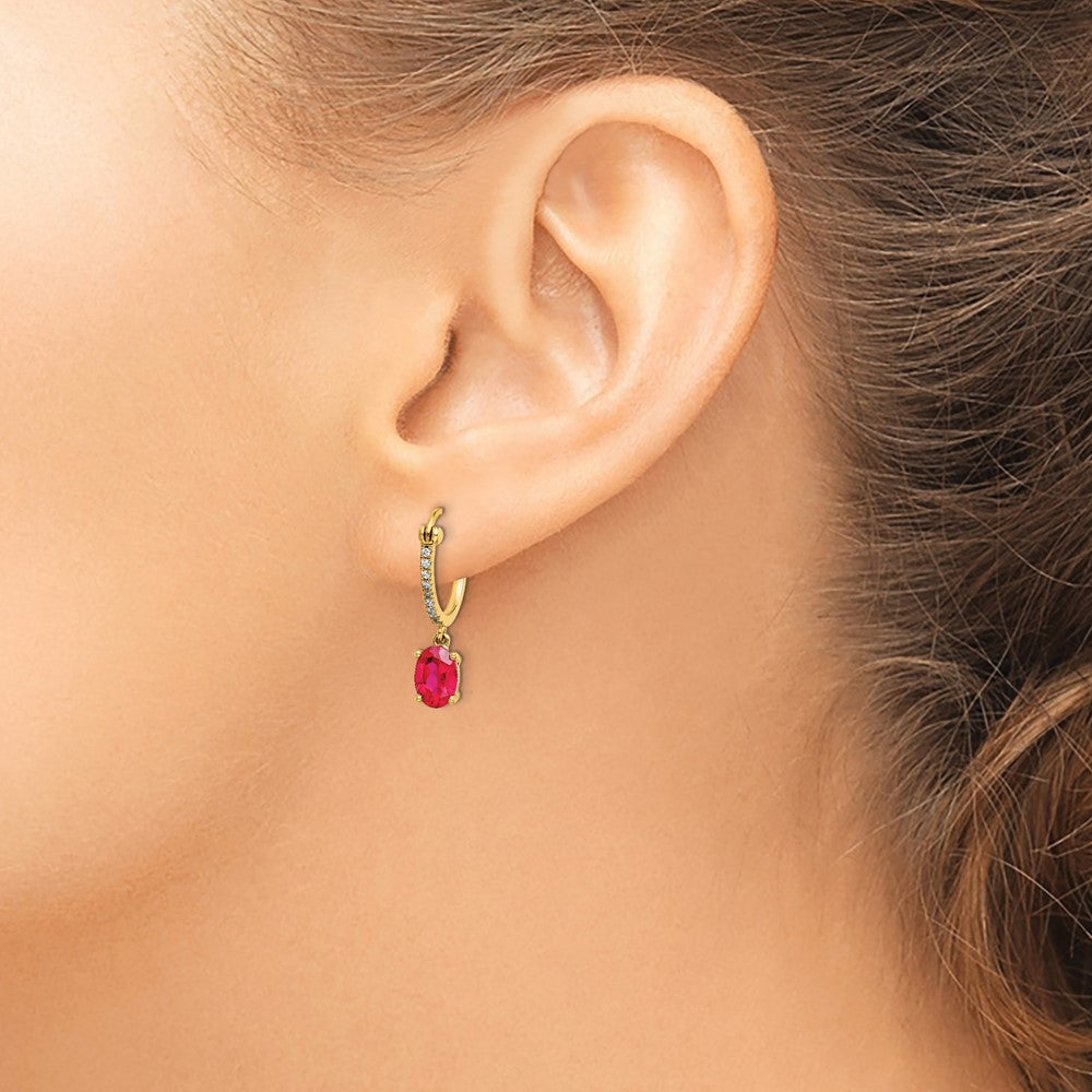14k 1/10 carat Diamond and 7x5mm Oval Ruby Dangle Hoop Earrings