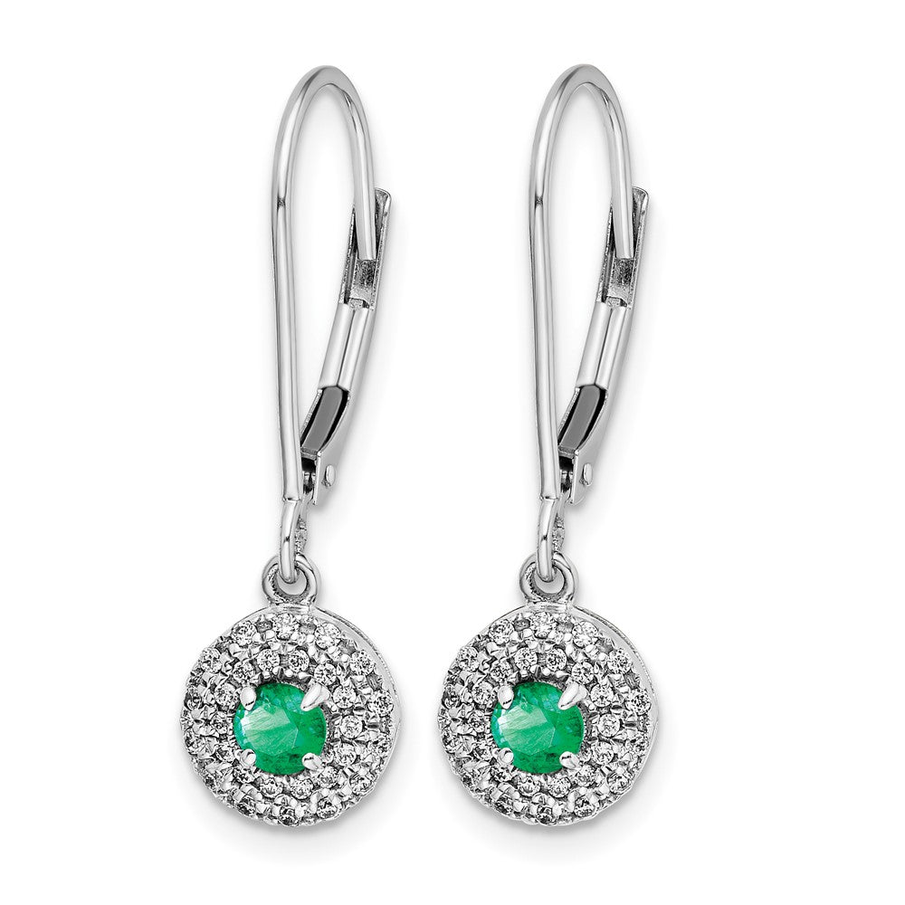 14k White Gold Diamond Halo and Emerald Leverback Dangle Earrings