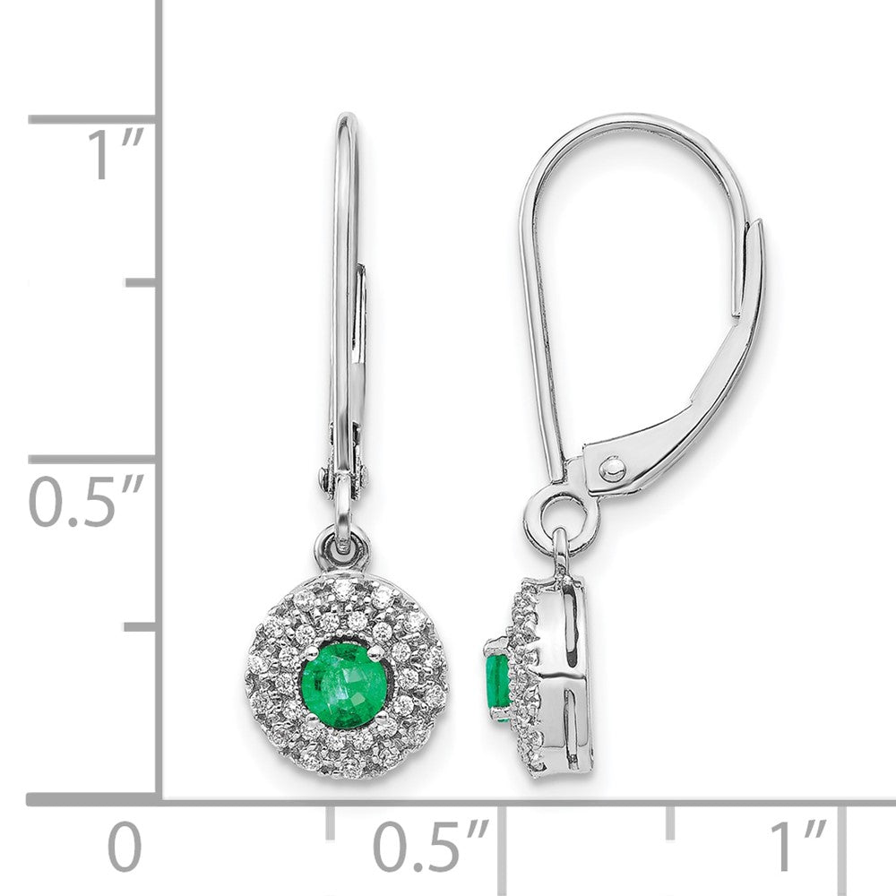 14k White Gold Diamond Halo and Emerald Leverback Dangle Earrings