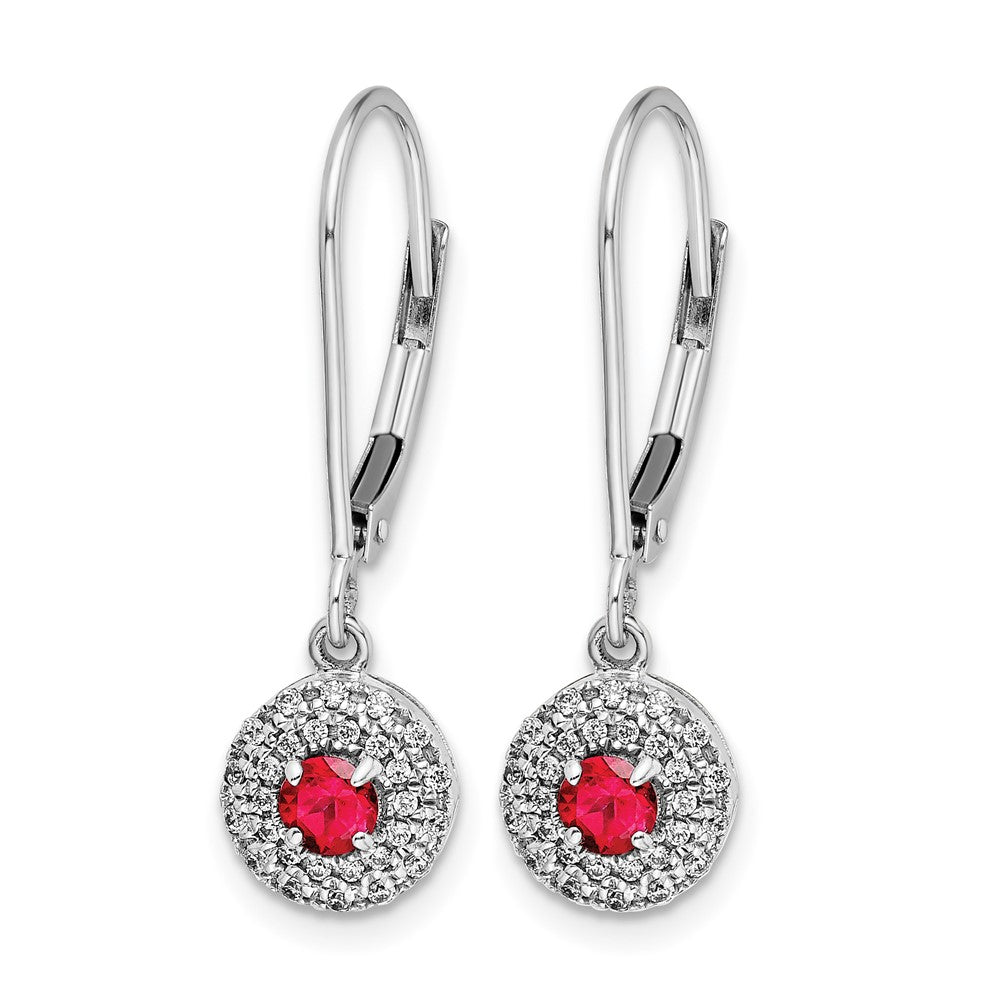 14k White Gold Diamond Halo and Ruby Leverback Dangle Earrings