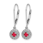 14k White Gold Diamond Halo and Ruby Leverback Dangle Earrings
