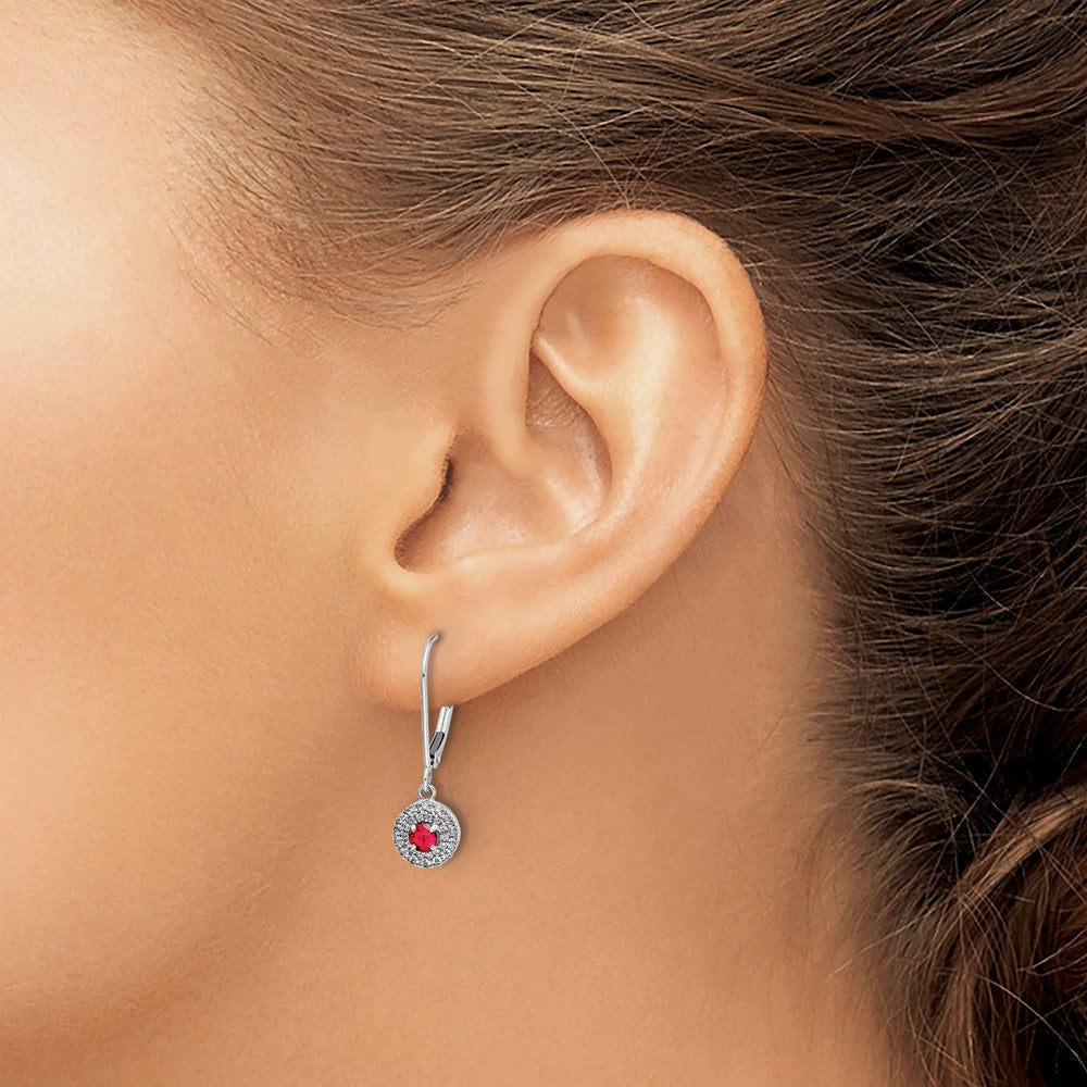 14k White Gold Diamond Halo and Ruby Leverback Dangle Earrings