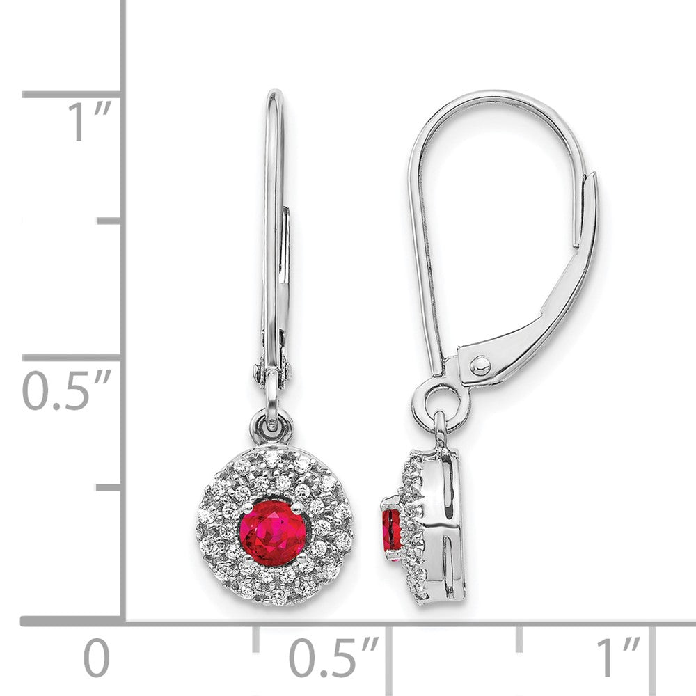 14k White Gold Diamond Halo and Ruby Leverback Dangle Earrings