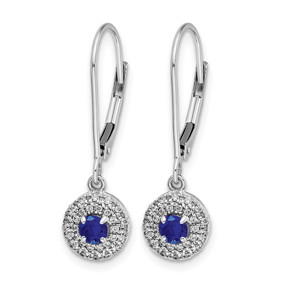 14k White Gold Diamond Halo and Sapphire Leverback Dangle Earrings
