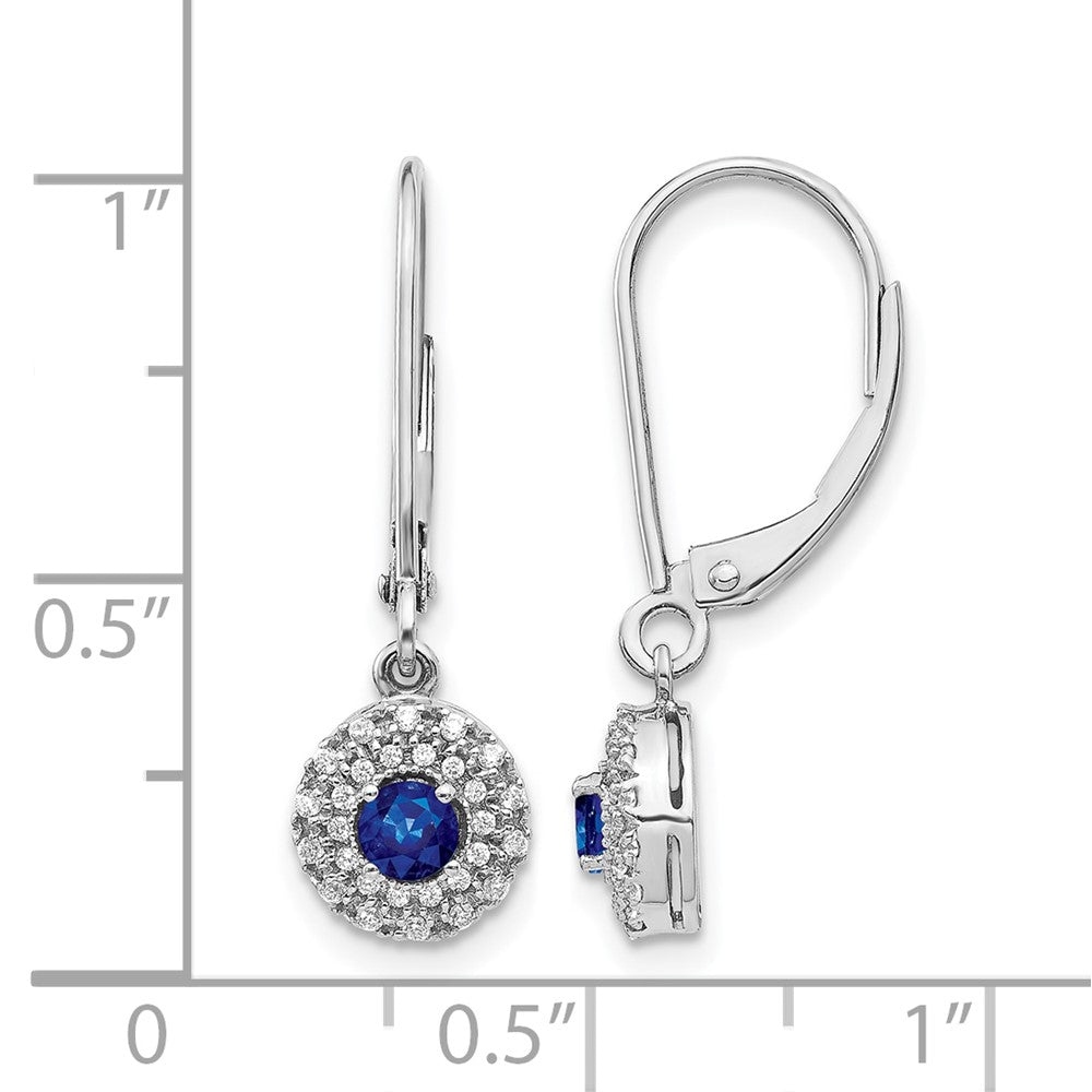 14k White Gold Diamond Halo and Sapphire Leverback Dangle Earrings