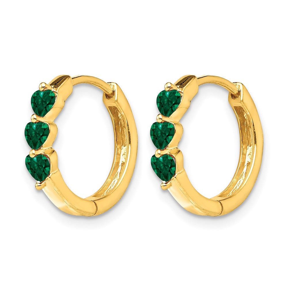 14k 3mm Heart Lab Created Emerald Polished Hinged Hoop Earrings
