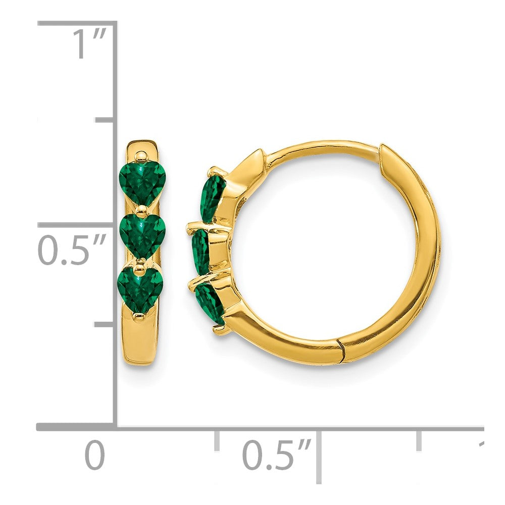 14k 3mm Heart Lab Created Emerald Polished Hinged Hoop Earrings
