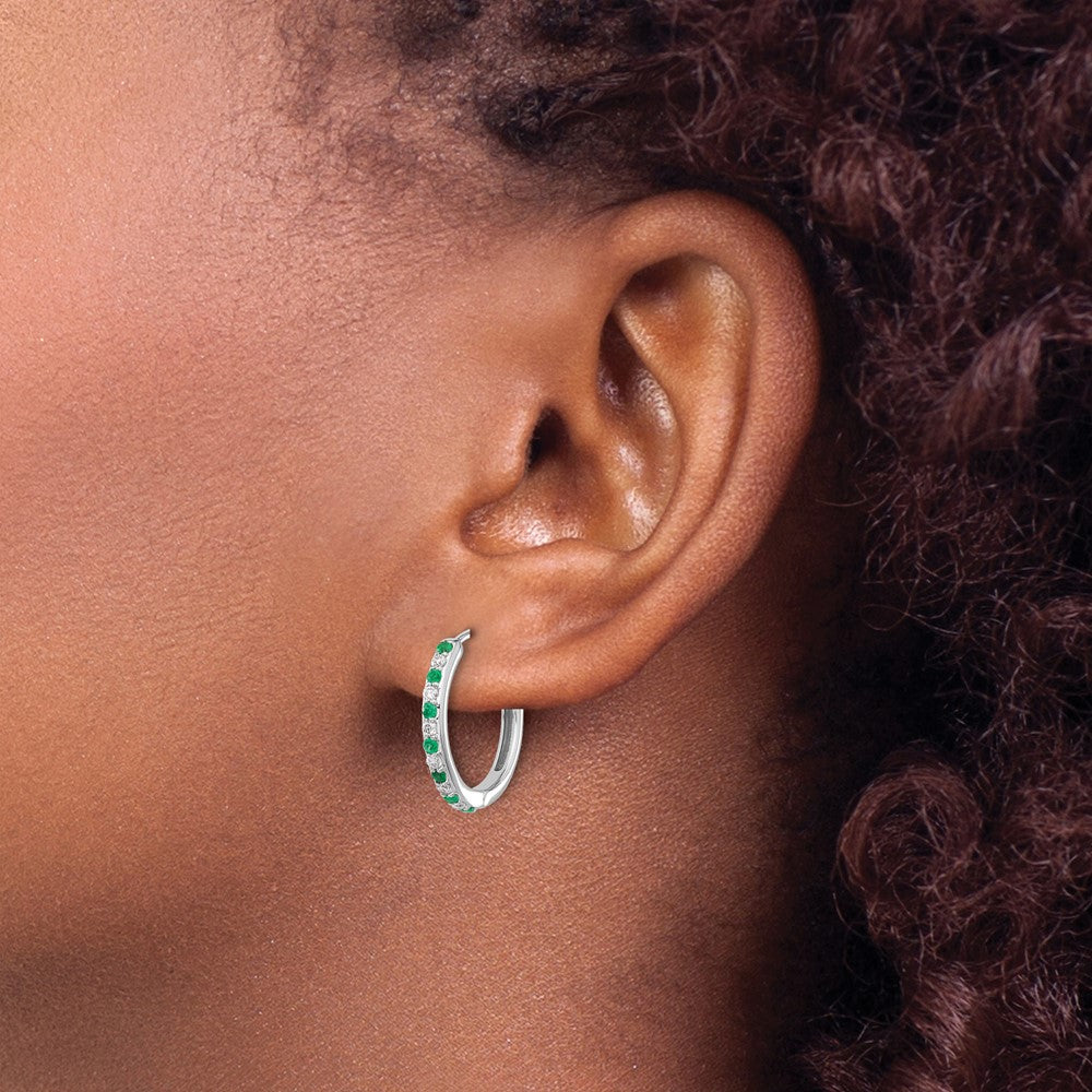 14k White Gold Diamond and Emerald 19mm Hinged Hoop Earrings