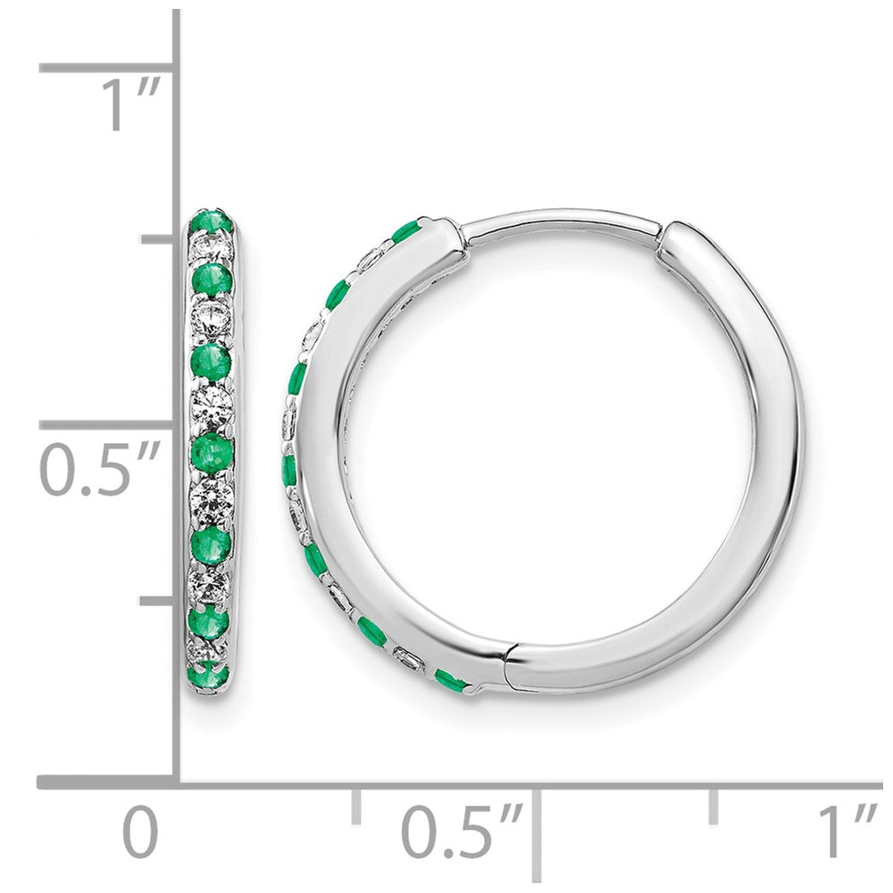 14k White Gold Diamond and Emerald 19mm Hinged Hoop Earrings