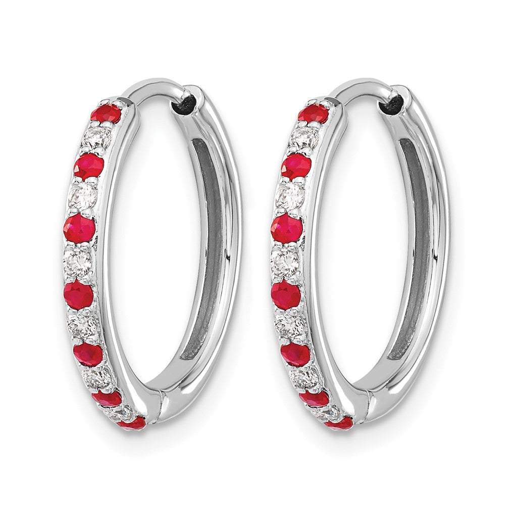 14k White Gold 1/5 carat Lab Grown Diamond VS/SI+ G+ and Created Ruby Complete Hinged Hoop Earrings