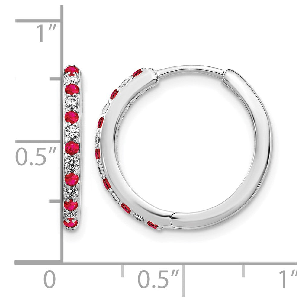 14k White Gold 1/5 carat Lab Grown Diamond VS/SI+ G+ and Created Ruby Complete Hinged Hoop Earrings