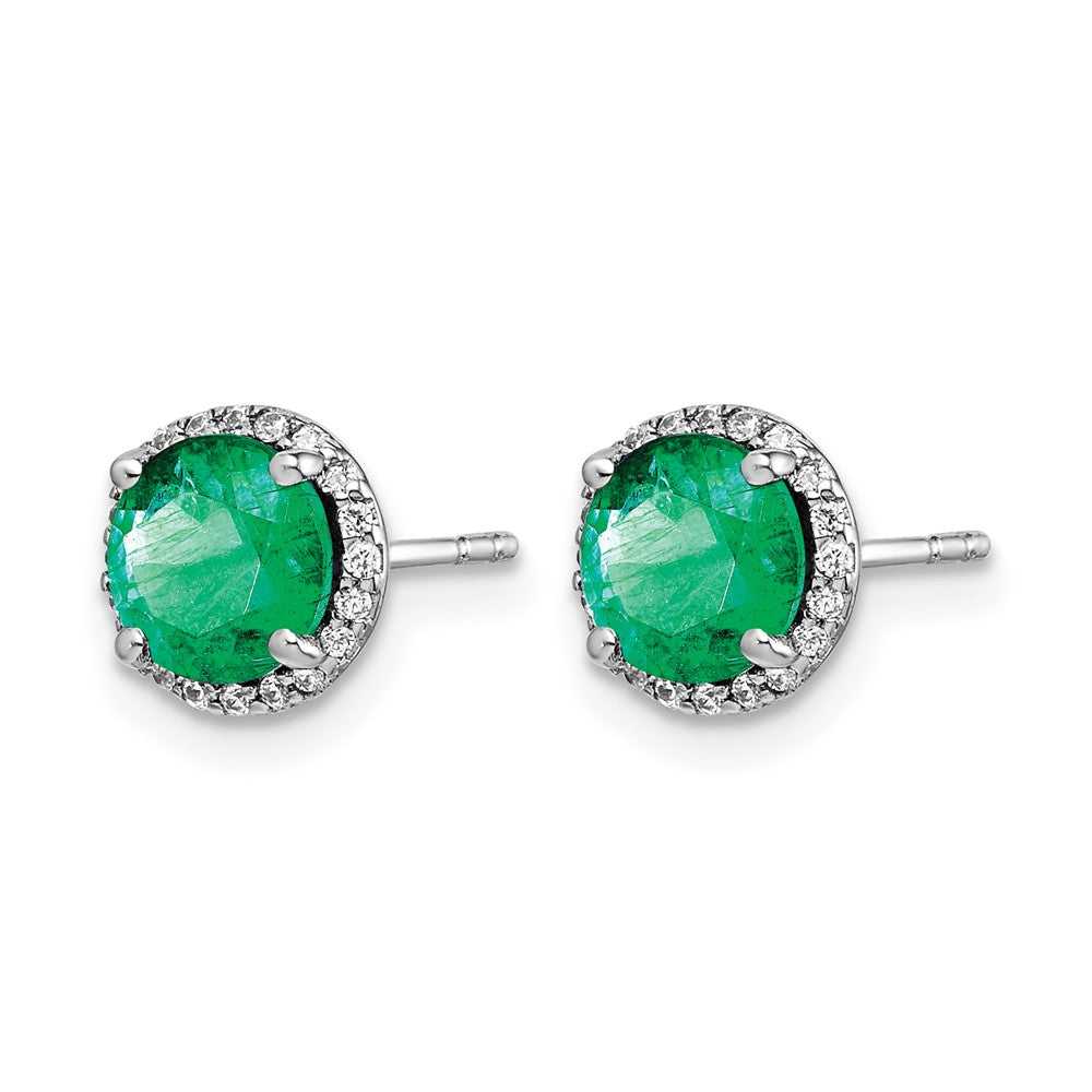 14k White Gold 6mm Round Emerald and Diamond Halo Post Earrings