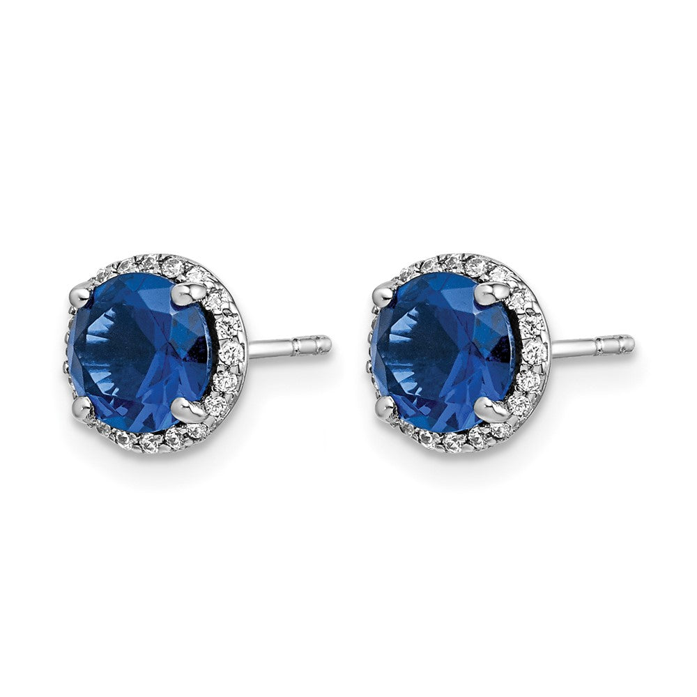 14k White Gold 6mm Round Sapphire and Diamond Halo Post Earrings