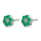 14k White Gold Polished Emerald and Diamond Floral Post Earrings