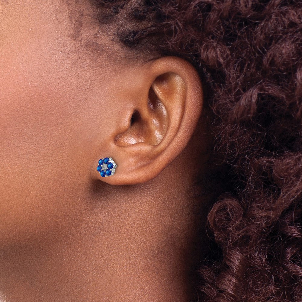 14k White Gold Polished Sapphire and Diamond Floral Post Earrings