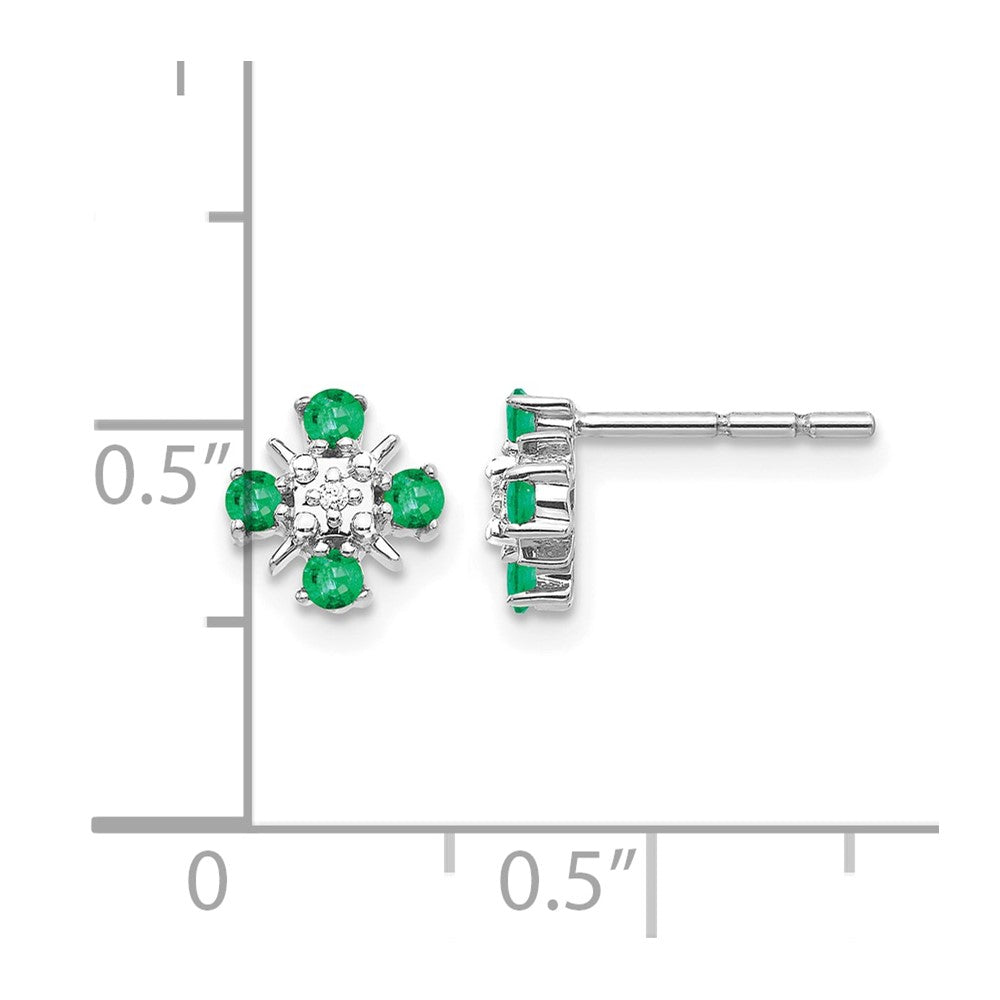 14k White Gold 2mm Round Emerald and Diamond Post Earrings
