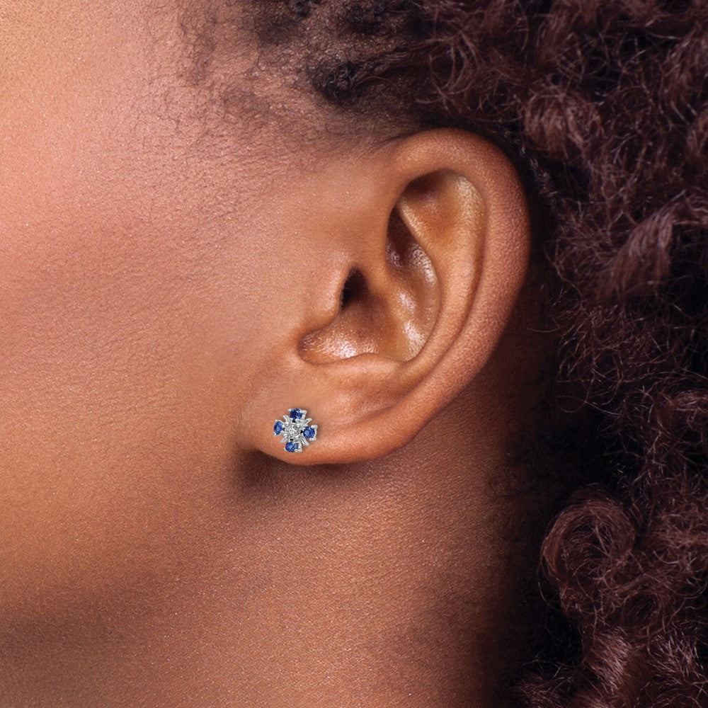 14k White Gold 2mm Round Blue Sapphire and Diamond Post Earrings