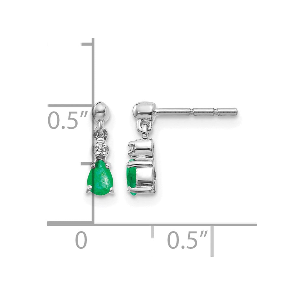 14k White Gold 4x3mm Pear Emerald and Diamond Dangle Post Earrings