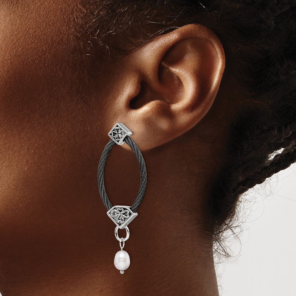 Edward Mirell Black Ti Cable and Sterling Silver Floral Accent with Freshwater Cultured Pearl Dangle Earrings
