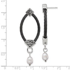 Edward Mirell Black Ti Cable and Sterling Silver Floral Accent with Freshwater Cultured Pearl Dangle Earrings